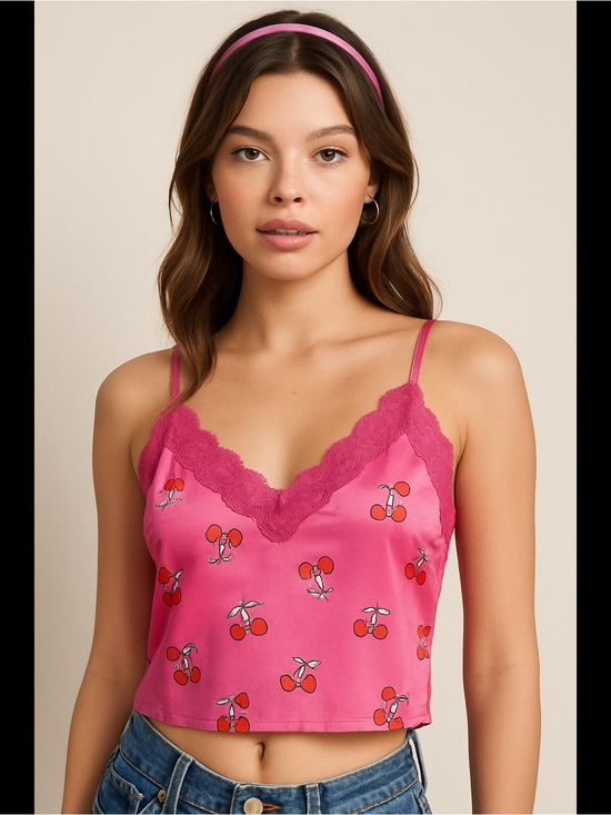 Colsie Tops - Pink Cherry Bows Lace Satin Cami Size M 90s Y2K Barbiecore Coquette Whimsy Fairy